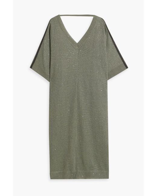 Brunello Cucinelli Green Embellished Linen And Silk-blend Midi Dress