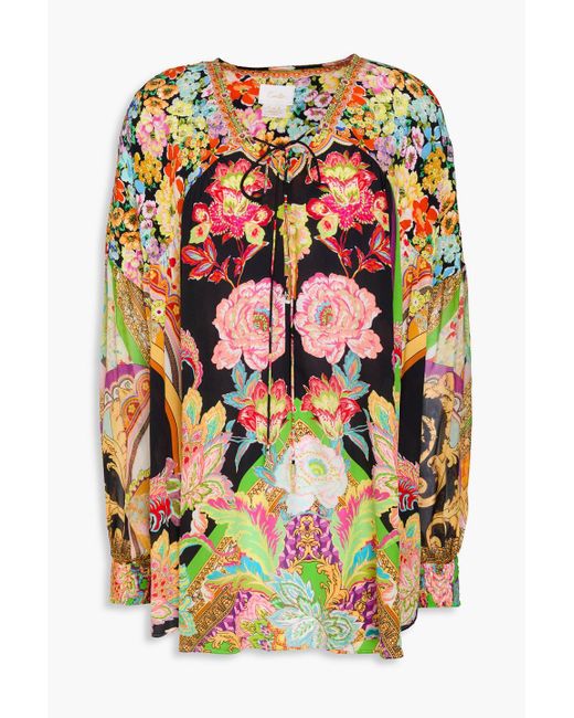 Camilla Multicolor Bluse aus crêpe de chine aus seide mit floralem print und kristallverzierung