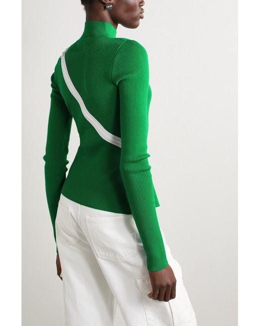 Monse Green Zip-detailed Ribbed Merino Wool-blend Turtleneck Sweater