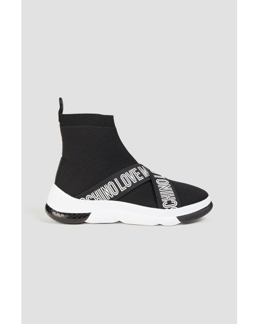 Love Moschino Black High-top-sneakers aus strukturiertem strick mit print