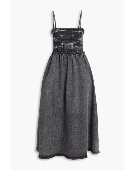 Ganni Gray Gathered Denim Midi Dress