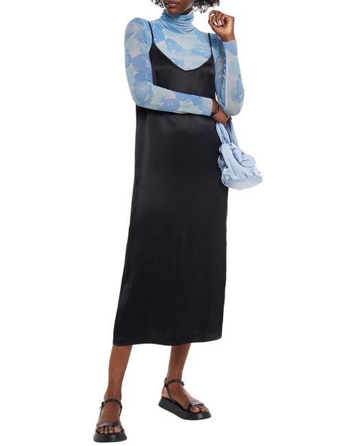 Ganni Satin Midi Slip Dress in Black | Lyst