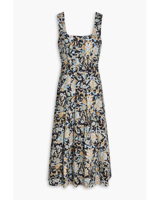 Veronica Beard White Jolie Pleated Printed Cotton-Blend Poplin Midi Dress