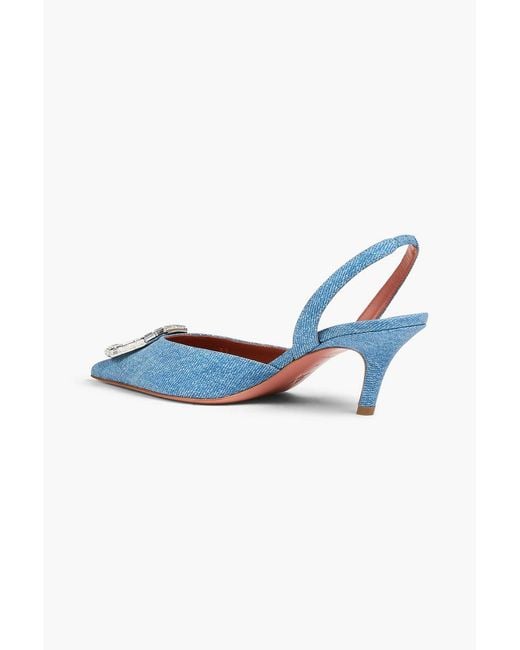 AMINA MUADDI Blue Camelia Embellished Denim-effect Print Leather Slingback Pumps