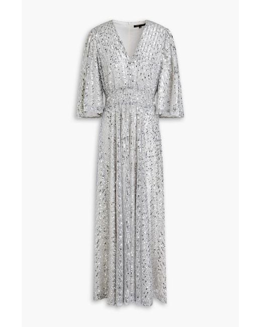 Maje Gray Sequined Tulle Maxi Dress