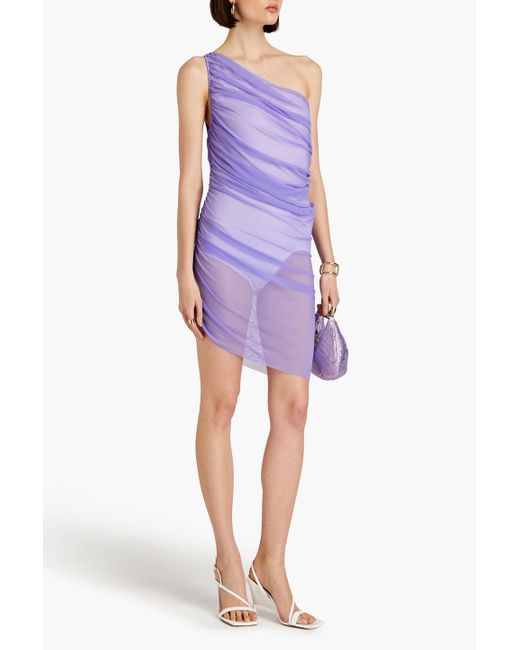 Norma Kamali Purple Diana One-shoulder Ruched Stretch-mesh Mini Dress