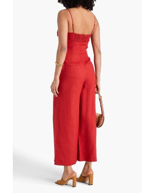 Farm Rio Red Floral-appliquéd Linen Wide-leg Jumpsuit