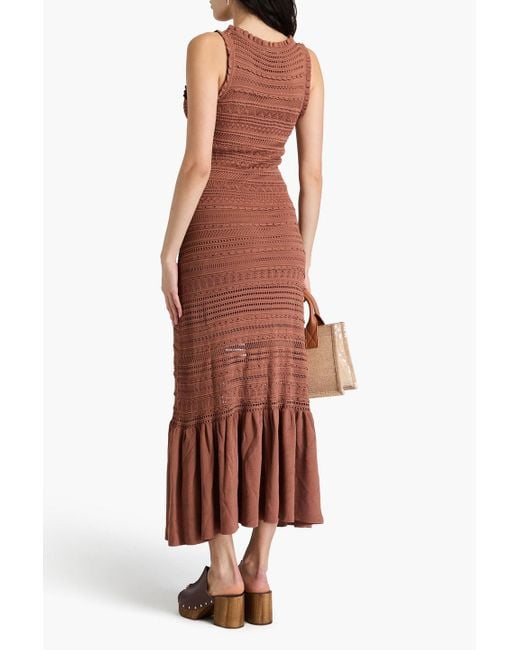 Sandro Brown Crystal-Embellished Pointelle And Crochet-Knit Midi Dress