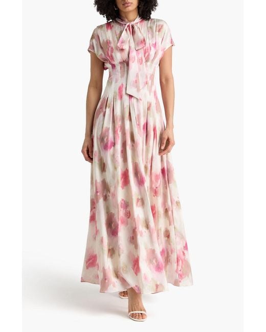 Mikael Aghal Pink Pussy-Bow Printed Crepe De Chine Maxi Dress