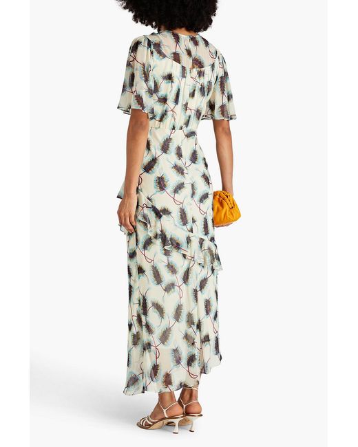 Saloni White Vida Ruffled Printed Silk-georgette Maxi Dress