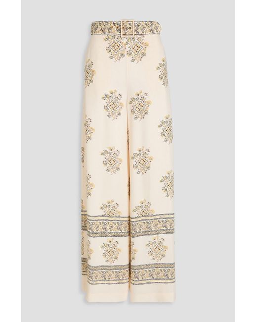 Zimmermann Natural Belted Printed Crepe De Chine Wide-leg Pants