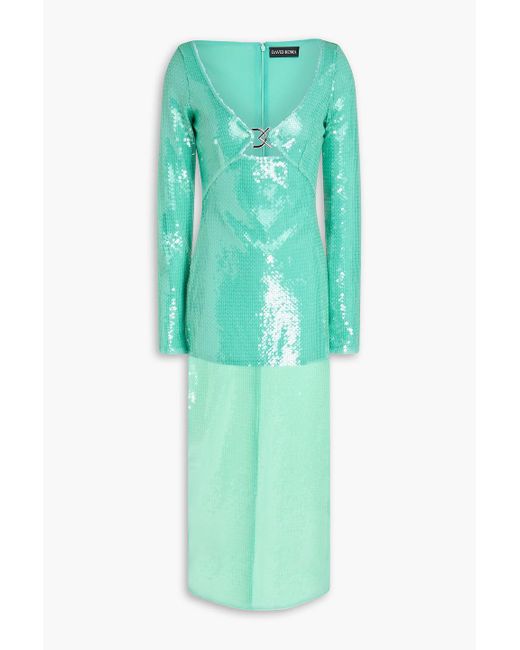 David Koma Green Sequined Tulle Midi Dress