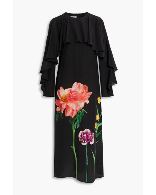 Valentino Garavani Black Ruffled Floral-print Silk Crepe De Chine Midi Dress