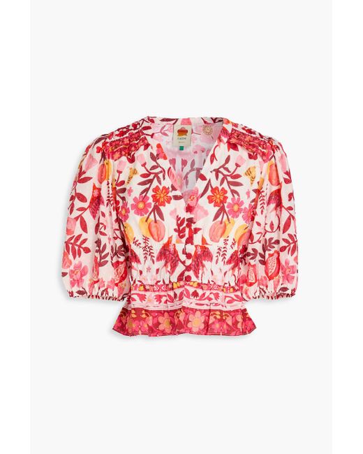 Farm Rio Red Floral-Print Swiss-Dot Cotton Blouse