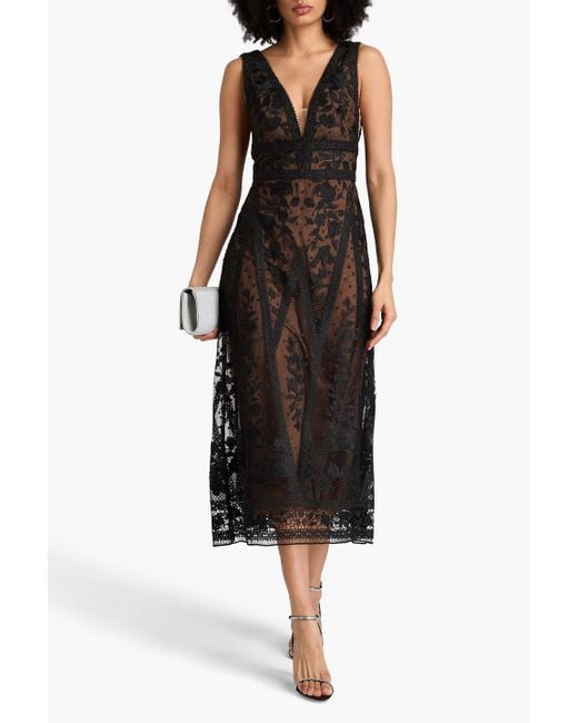 Marchesa Black Tulle-Trimmed Guipure Lace Midi Dress