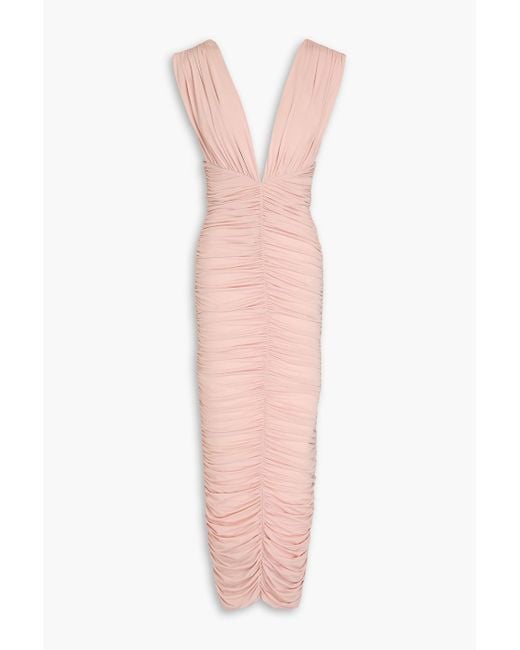 Alex Perry Pink Ruched Stretch-jesey Midi Dress
