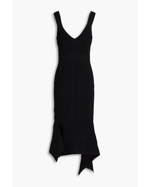 Hervé Léger Black Asymmetric Ribbed-knit Midi Dress