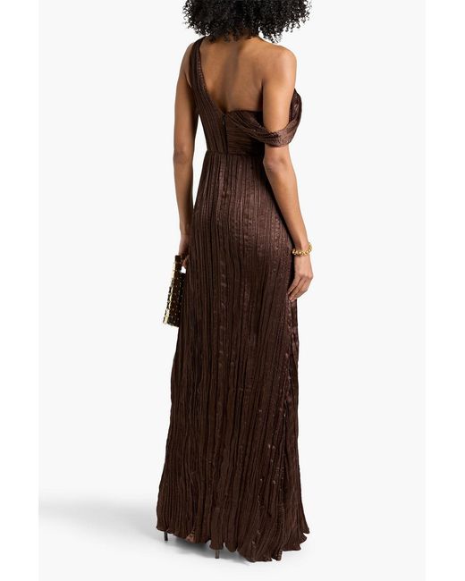 Marchesa Brown Off-The-Shoulder Draped Crinkled-Satin Gown
