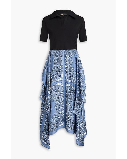 Maje Blue Draped Paisley-Print Satin-Twill And Stretch-Cotton Jersey Midi Dress