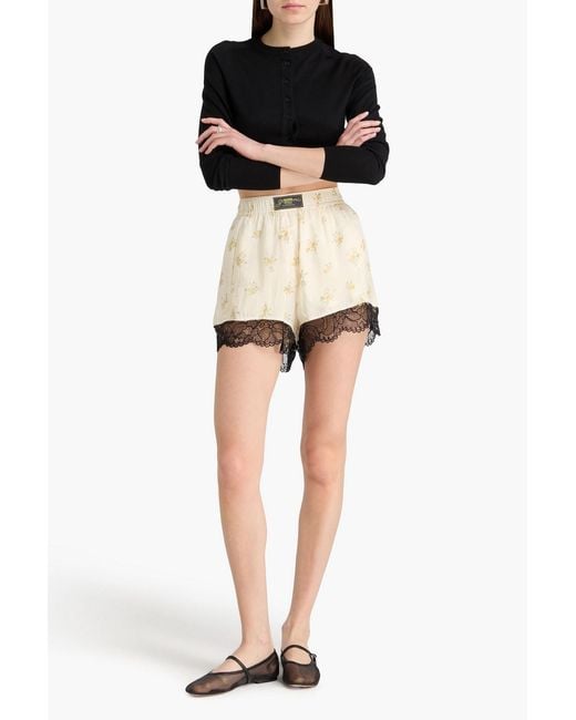 Ganni Natural Lace-Trimmed Floral-Print Satin Shorts