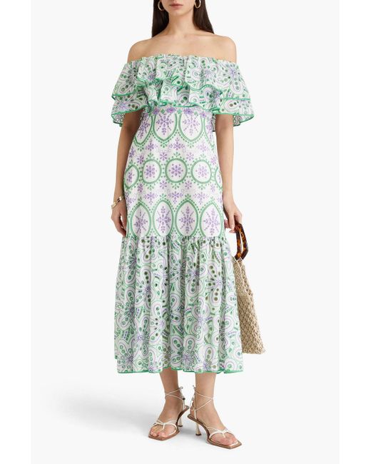 Charo Ruiz Green Isabella Off-The-Shoulder Broderie Anglaise Cotton-Blend Midi Dress