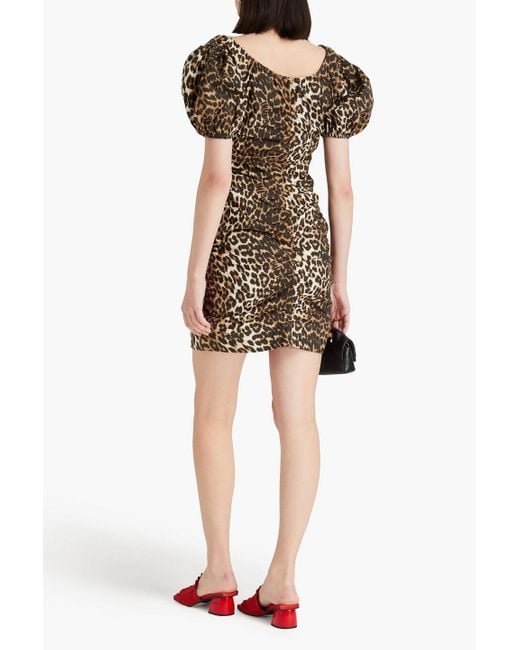Ganni Multicolor Ruched Leopard-print Cotton Mini Dress