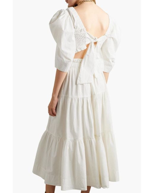 Sea White Simona Cutout Smocked Cotton-poplin Midi Dress
