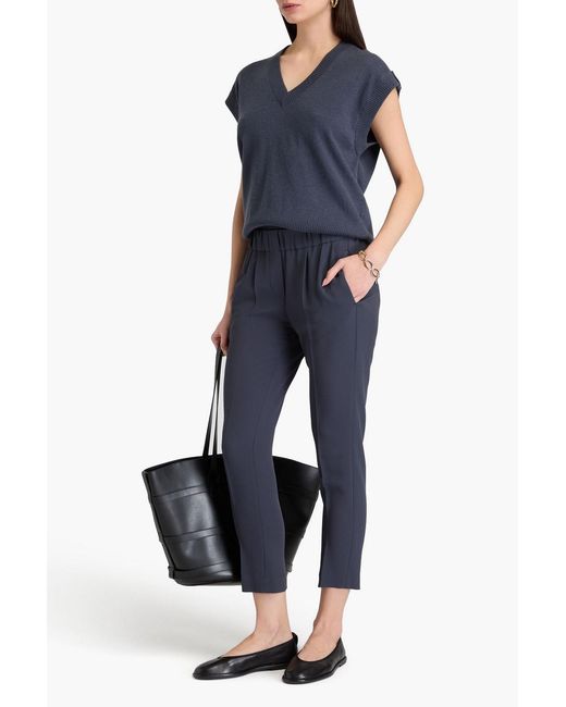 Brunello Cucinelli Blue Cropped Crepe De Chine Tapered Pants
