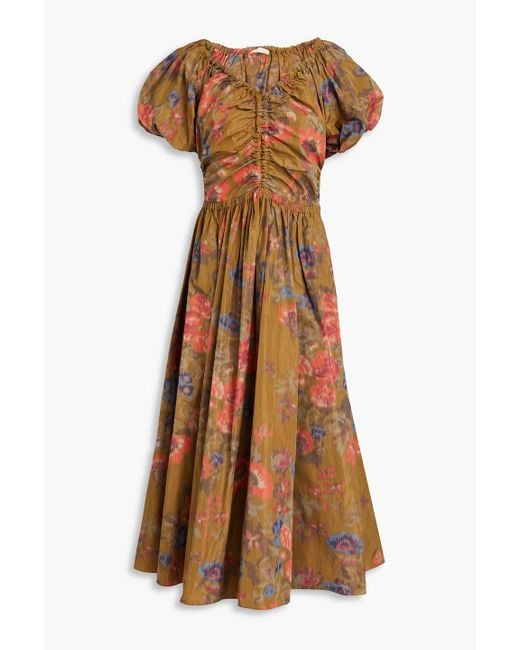 Ulla Johnson Brown Cecile Ruched Floral-print Taffeta Midi Dress