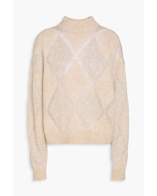 Brunello Cucinelli White Sequin-Embellished Argyle Wool And Mohair-Blend Turtleneck Sweater