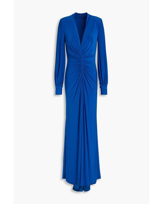 Badgley Mischka Blue Ruched Jersey Gown