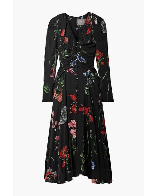 Lela Rose Black Ruched Floral-print Crepe Midi Dress