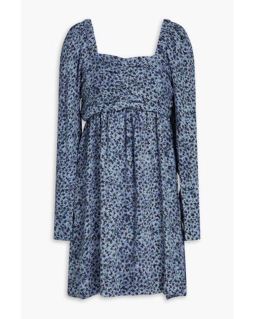Ganni Blue Ruched Floral-print Mousseline Mini Dress
