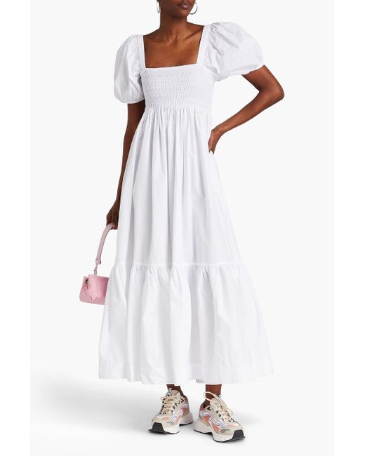 Ganni White Gathered Cotton-poplin Maxi Dress