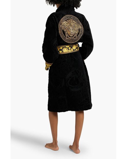 Versace Black Embellished Cotton-terry Jacquard Robe