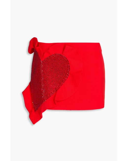 Area Red Ruffled Crystal-embellished Wool-twill Mini Skirt