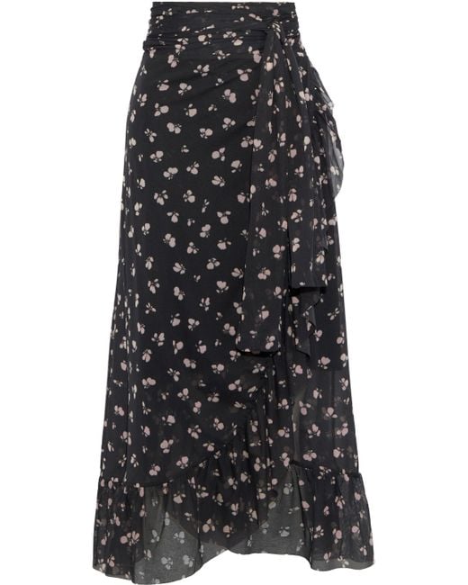 Ganni Woman Tilden Floral-print Mesh Midi Wrap Skirt Black