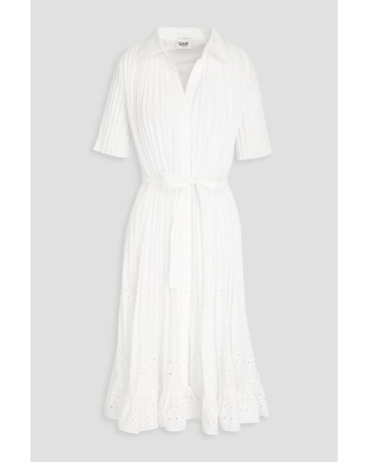 Claudie Pierlot White Pleated Broderie Anglaise Midi Shirt Dress