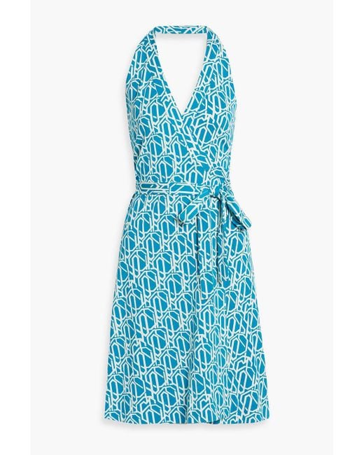 Diane von Furstenberg Blue Nishi neckholder-wickelkleid aus jersey aus einer baumwoll-seidenmischung mit print