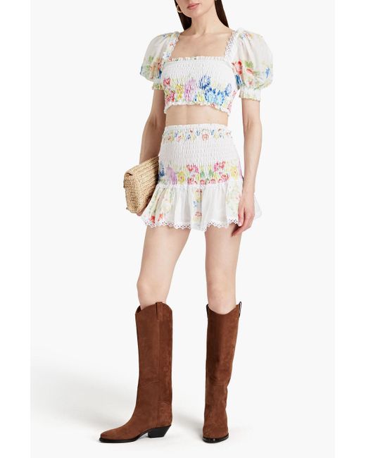 Charo Ruiz White Yane Shirred Floral-print Cotton-blend Voile Mini Skirt