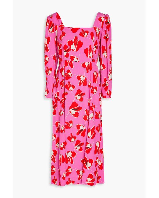 Diane von Furstenberg Red Joanna Pleated Floral-print Crepe Midi Dress