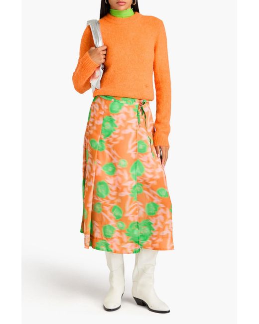 Ganni Orange Printed Georgette Midi Skirt