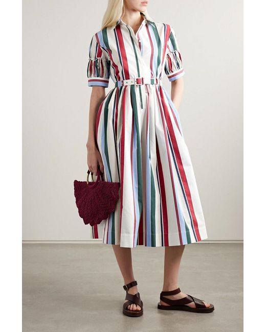 LaDoubleJ Libertine Belted Gathered Striped Cotton-Blend Poplin Midi Shirt Dress