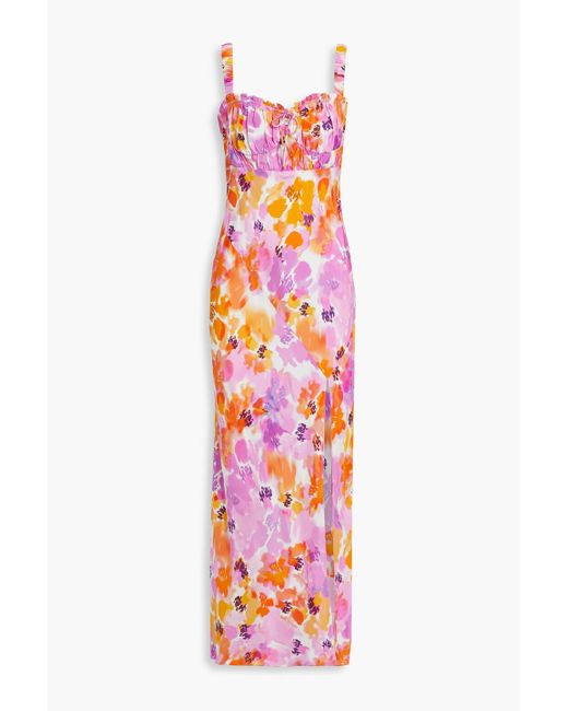 Nicholas Pink Gathered Floral-print Satin Maxi Dress