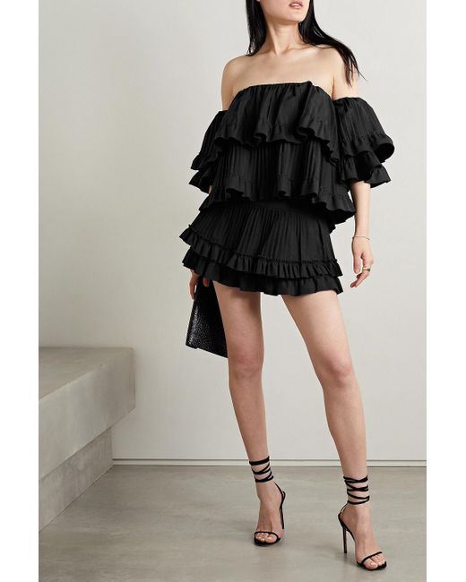 Brandon Maxwell Black Off-the-shoulder Tiered Poplin Top