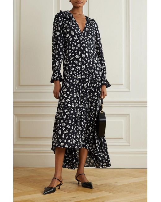 Rixo Blue Mali Floral-print Crepe De Chine Midi Dress