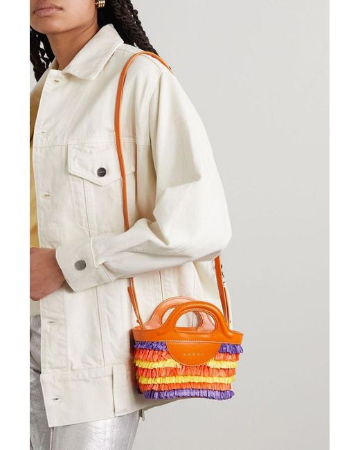 Marni Orange Tropicalia Micro Leather-trimmed Fringed Faux Raffia Tote