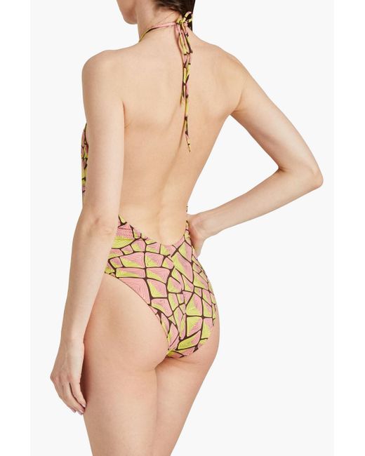 Emilio Pucci Metallic Cutout Printed Halterneck Swimsuit