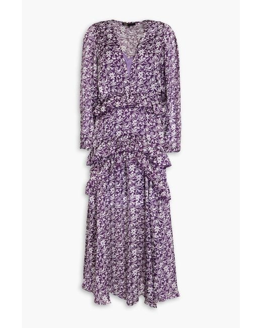 Maje Purple Ruffled Floral-print Chiffon Midi Dress
