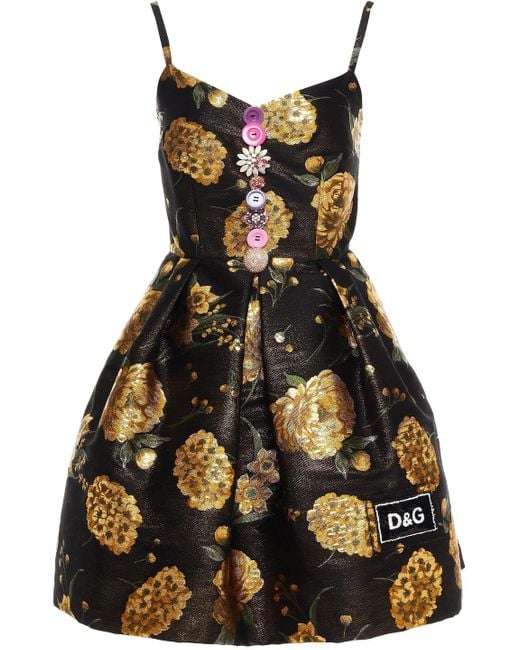 Dolce & Gabbana Black Pleated Embellished Brocade Mini Dress